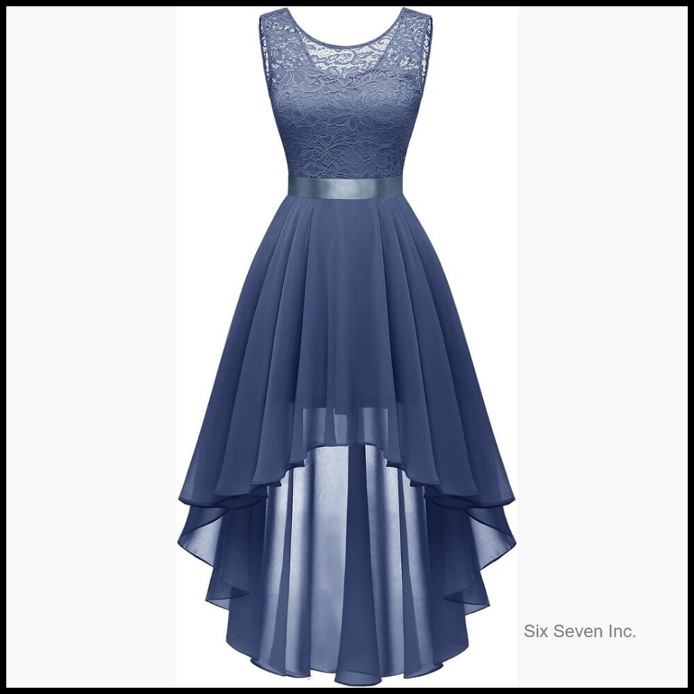 Lace High Low Cocktail Dress with Satin Belt and Deep V Back